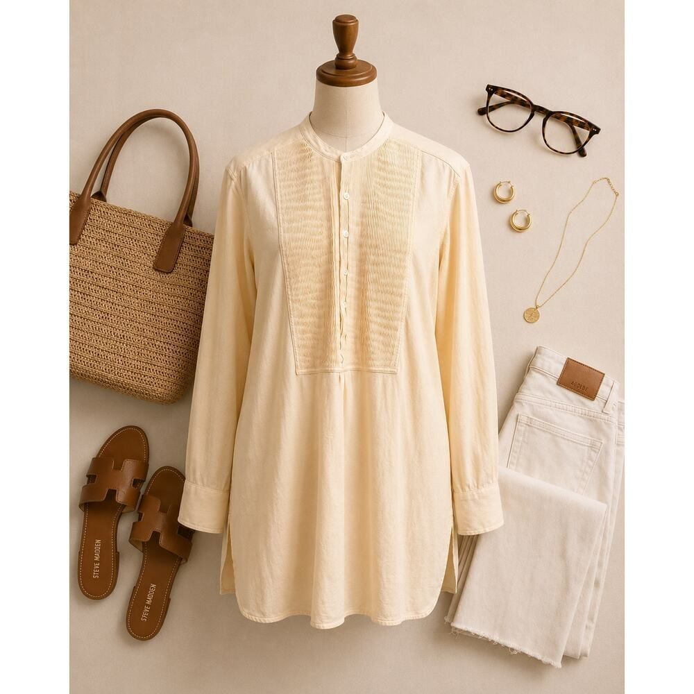 Ralph Lauren Sport Pleated Bib Tunic Blouse Cream Cotton Long Sleeve Split Hem L